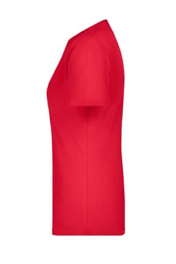 A red T-shirt displayed from the side, featuring a simple design and a logo on the front.
