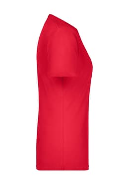 A red ladies' T-shirt with a classic fit and short sleeves. It features a logo on the fabric.