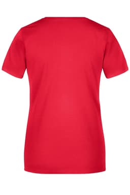 A red T-shirt with short sleeves and a plain back, featuring a logo on the upper back.