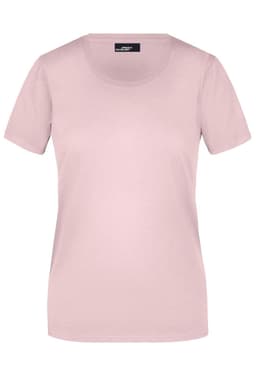 A light pink T-shirt with short sleeves and a round neckline. It features a logo on the tag.
