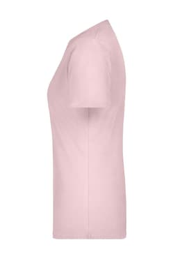 A light pink T-shirt with short sleeves and a fitted design. The shirt features a branding logo.