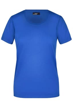A royal blue t-shirt with short sleeves and a round neckline, featuring a logo on the label.