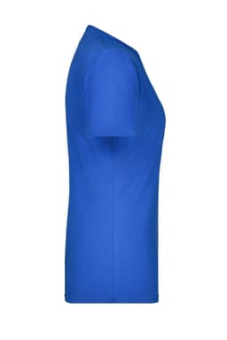 A blue ladies' t-shirt with a fitted design, featuring a short sleeve and a round neckline. It has a logo on the front.