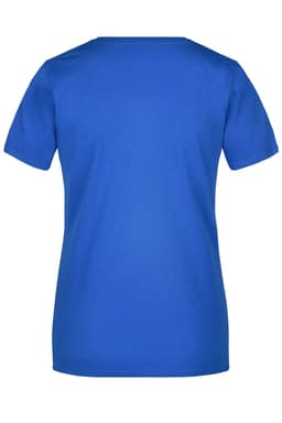A blue t-shirt with short sleeves and a solid back design. Features a logo at the neckline.