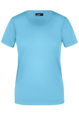 A light blue short-sleeved women's T-shirt with a round neckline and a logo on the label.