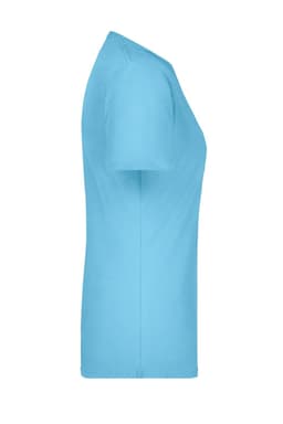 A side view of a ladies' T-shirt in bright blue. The shirt has a simple design and a logo.