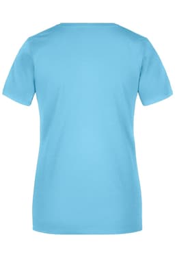 A plain blue women's T-shirt featuring short sleeves and a round neckline. The back view shows a smooth fabric finish.