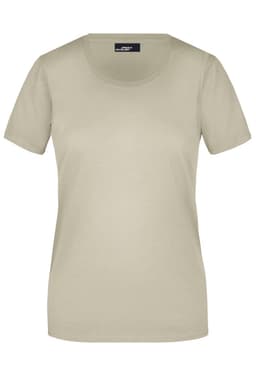 A women's short-sleeved T-shirt in a light beige colour, featuring a round neckline and a logo.