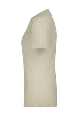 A beige Ladies Basic-T shirt in a classic short-sleeve style, featuring a simple design and a logo.