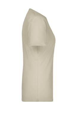 A light beige ladies t-shirt with short sleeves and a fitted design. It features a logo on the garment.