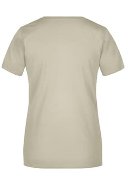 A plain, short-sleeved T-shirt in a soft beige colour, featuring a simple back design and a logo.