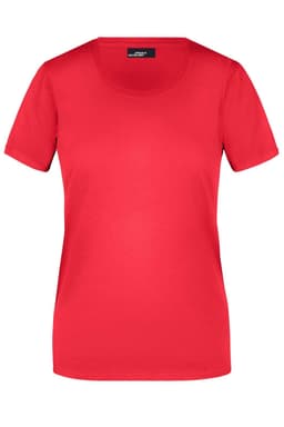 A red ladies basic T-shirt with a scoop neckline and short sleeves, featuring a branding logo.