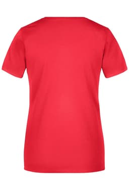 A red women's T-shirt with short sleeves and a plain back design, featuring a logo on the neck area.