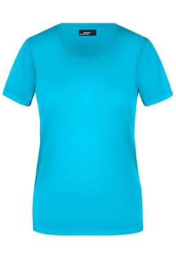 A turquoise ladies T-shirt with a round neckline and short sleeves. Features a logo on the label.