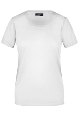 A plain white short-sleeved ladies’ T-shirt with a round neckline and a branding label.