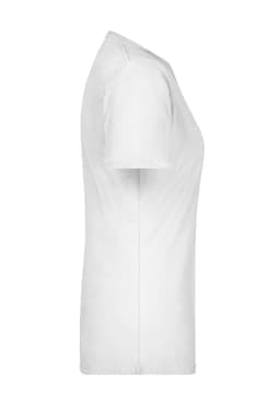 A white basic T-shirt displayed from the side view, featuring short sleeves and a fitted silhouette. It has a logo.
