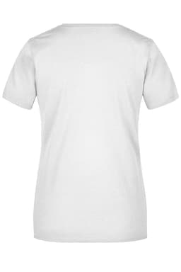 A plain white ladies' T-shirt featuring a short sleeve design and a branding logo.