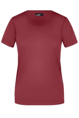 A maroon women's basic T-shirt with short sleeves and a round neckline, featuring a logo at the collar.