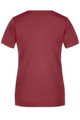 A maroon ladies T-shirt with a classic crew neck and short sleeves, featuring a logo on the back.