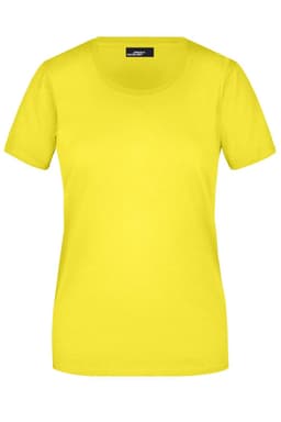 A bright yellow basic tee shirt with short sleeves and a round neckline. It features a logo on the label.