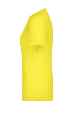 A yellow women's t-shirt with a crew neckline and short sleeves, featuring a logo on the side.