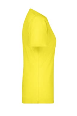 A bright yellow ladies basic T-shirt displayed from the side, featuring short sleeves and a logo.