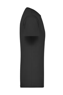 A black T-shirt displayed from the side, featuring short sleeves and a plain design with a logo.