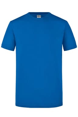 A blue men's t-shirt with a classic crew neck and short sleeves, featuring a logo on the label.