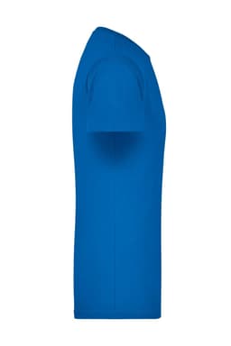 A blue T-shirt with short sleeves and a round neckline. It features a logo on the front.