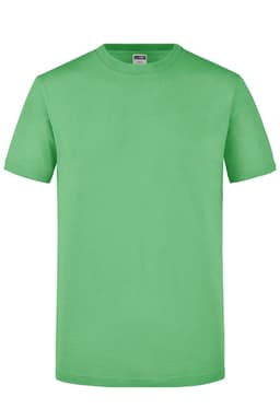 A green T-shirt featuring a round neckline and short sleeves, with a logo on the label.