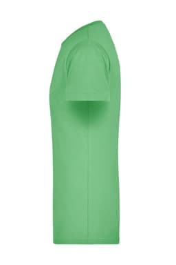 A side view of a green men's T-shirt featuring short sleeves and a fitted silhouette. It has a logo on the front.