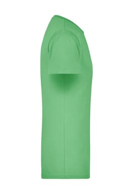 A green t-shirt displayed on its side view, featuring a simple design and a logo.