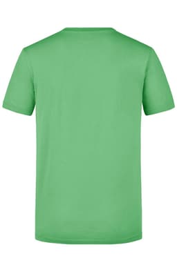 A green men's T-shirt featuring a simple design and a logo on the back.
