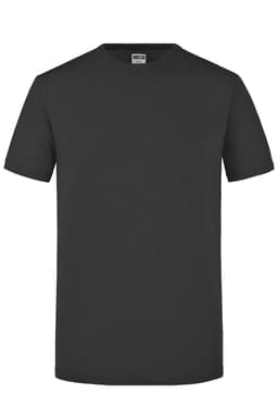 A black short-sleeved men's T-shirt with a round neck and a blank design, featuring a branding logo.