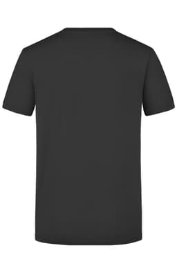A black T-shirt with a plain back design. It features short sleeves and a round neckline.