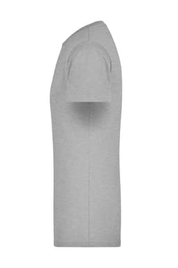 A grey men's T-shirt displayed from the side, featuring short sleeves and a simple design with a logo.