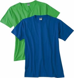 A green v-neck t-shirt and a blue crew neck t-shirt, both with a logo on the label.