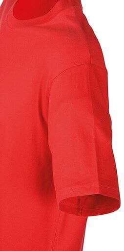 A red T-shirt with a classic crew neckline and short sleeves, featuring a logo on the side.