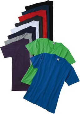 A variety of men's T-shirts in blue, green, purple, red, grey, black, and white, featuring different colours and a logo.