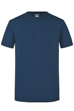 A navy blue T-shirt with short sleeves and a simple design. It features a logo on the label.
