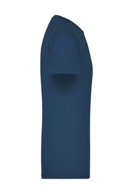 A navy blue men's T-shirt displayed from the side, featuring short sleeves and a simple design.