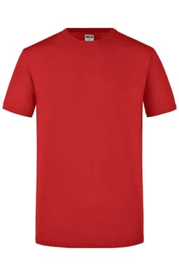 A red T-shirt with a crew neck and short sleeves. It features a logo on the chest area.