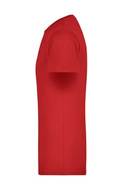 A red T-shirt displayed from the side, featuring short sleeves and a simple design. It has a logo on the fabric.