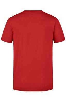 A red short-sleeved T-shirt featuring a simple design and a logo on the back.