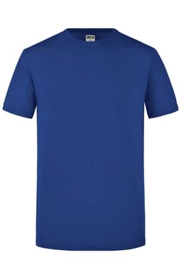 A blue T-shirt with short sleeves and a round neckline. It has a label and features a logo.