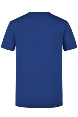 A blue T-shirt with short sleeves and a crew neckline, featuring a logo on the back.