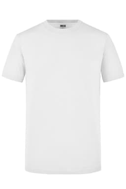 A plain white T-shirt with short sleeves, featuring a logo on the label.
