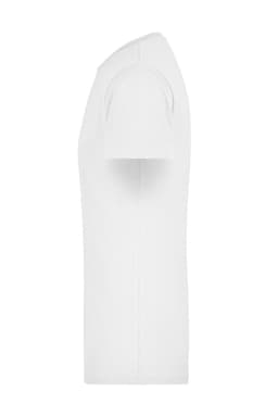 A plain white T-shirt with short sleeves, featuring a side view and a simple design. It has a logo on it.