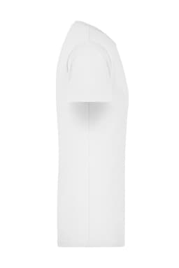 A white T-shirt featuring short sleeves and a simple design. Includes a logo on the label.