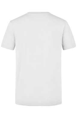 A plain white T-shirt with short sleeves, featuring a logo on the back.